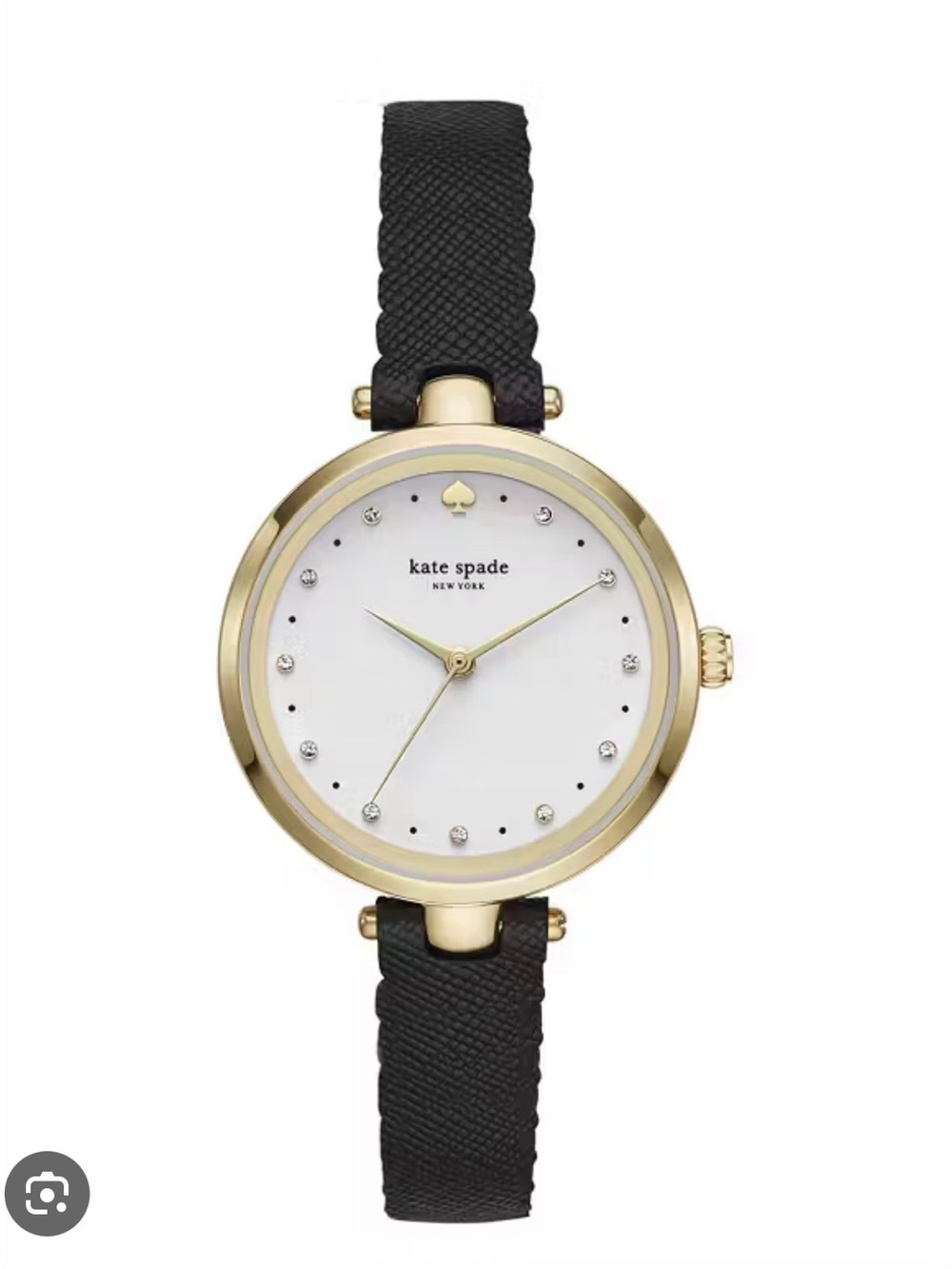 kate spade Gold Round Case Watch with Black Leather Strap and White Dial